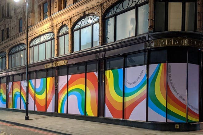 rainbow covered windows at Harrods